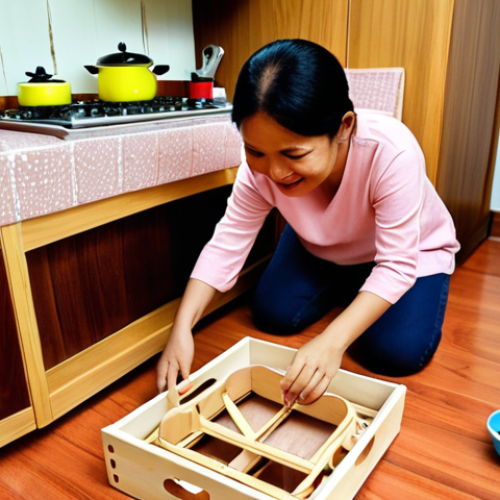 Home 7 **Prompt:** A heartwarming scene of a Malay child, around 5-6 years old, diligently assembling a wooden DIY toy kitchen set on the floor of a cozy living room. A parent (Malay adult) is gently guiding and smiling, fostering a sense of family bonding and shared achievement. Emphasize the child's focus, fine motor skills, and the partially constructed kitchen set. The setting should reflect a typical, warm Malaysian home interior with soft, inviting lighting.