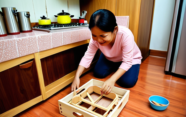 **Prompt:** A heartwarming scene of a Malay child, around 5-6 years old, diligently assembling a wooden DIY toy kitchen set on the floor of a cozy living room. A parent (Malay adult) is gently guiding and smiling, fostering a sense of family bonding and shared achievement. Emphasize the child's focus, fine motor skills, and the partially constructed kitchen set. The setting should reflect a typical, warm Malaysian home interior with soft, inviting lighting.