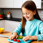 A happy young child, fully clothed in comfortable, modest attire, engaged in imaginative role-play at a beautifully crafted wooden toy kitchen. The child is 'cooking' with colorful wooden food pieces and child-safe toy utensils, showing a joyful expression. The setting is a bright, clean play area in a family home, filled with natural light. The image features warm colors, an inviting atmosphere, professional studio lighting, high detail, fully clothed, appropriate attire, modest clothing, safe for work, appropriate content, family-friendly, perfect anatomy, correct proportions, natural pose, well-formed hands, proper finger count, natural body proportions.