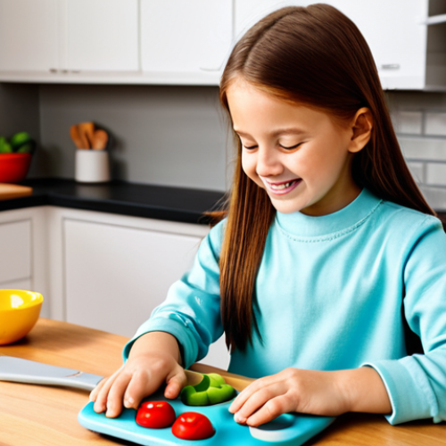 A happy young child, fully clothed in comfortable, modest attire, engaged in imaginative role-play at a beautifully crafted wooden toy kitchen. The child is 'cooking' with colorful wooden food pieces and child-safe toy utensils, showing a joyful expression. The setting is a bright, clean play area in a family home, filled with natural light. The image features warm colors, an inviting atmosphere, professional studio lighting, high detail, fully clothed, appropriate attire, modest clothing, safe for work, appropriate content, family-friendly, perfect anatomy, correct proportions, natural pose, well-formed hands, proper finger count, natural body proportions.