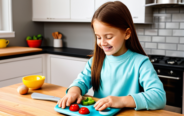 A happy young child, fully clothed in comfortable, modest attire, engaged in imaginative role-play at a beautifully crafted wooden toy kitchen. The child is 'cooking' with colorful wooden food pieces and child-safe toy utensils, showing a joyful expression. The setting is a bright, clean play area in a family home, filled with natural light. The image features warm colors, an inviting atmosphere, professional studio lighting, high detail, fully clothed, appropriate attire, modest clothing, safe for work, appropriate content, family-friendly, perfect anatomy, correct proportions, natural pose, well-formed hands, proper finger count, natural body proportions.