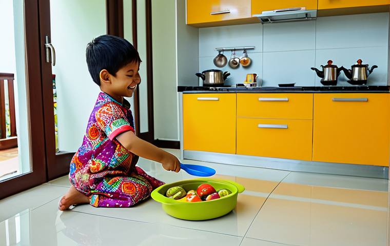 **

"A young child, fully clothed in a modest and colourful baju kurung, happily playing with a toy kitchen set. The kitchen is bright and cheerful, filled with miniature pots, pans, and play food. The background shows a tidy living room in a modern Malaysian home. safe for work, appropriate content, perfect anatomy, natural proportions, high quality, professional, family-friendly."

**
