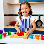 A young girl with a bright smile, wearing a cute, fully-clothed outfit, is happily playing with a colorful, wooden toy kitchen set in a brightly lit playroom. The kitchen set includes miniature pots, pans, and play food. Perfect anatomy, correct proportions, natural pose, well-formed hands, proper finger count, safe for work, appropriate content, fully clothed, professional, modest, family-friendly.