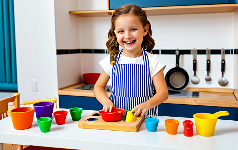 A young girl with a bright smile, wearing a cute, fully-clothed outfit, is happily playing with a colorful, wooden toy kitchen set in a brightly lit playroom. The kitchen set includes miniature pots, pans, and play food. Perfect anatomy, correct proportions, natural pose, well-formed hands, proper finger count, safe for work, appropriate content, fully clothed, professional, modest, family-friendly.