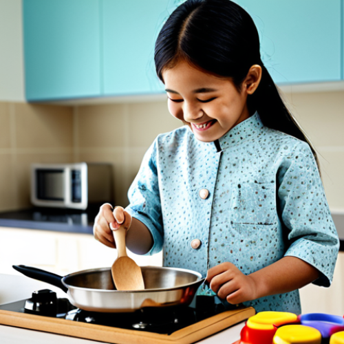주방완구 연령 제한 이유 - **

A young Malay girl wearing a *baju kurung* is happily "cooking" in her toy kitchen. The kitchen ...
