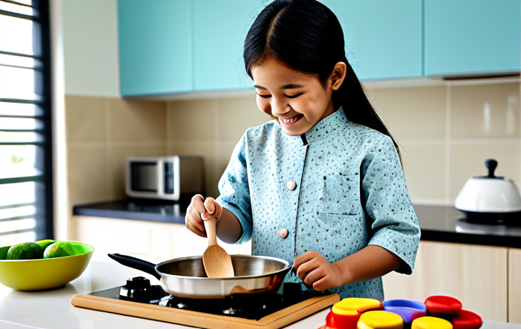 주방완구 연령 제한 이유 - **

A young Malay girl wearing a *baju kurung* is happily "cooking" in her toy kitchen. The kitchen ...